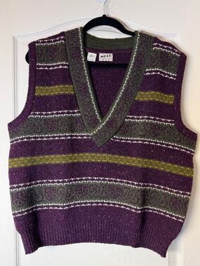 Vintage 90s Mexx International Man Sweater Vest Wool Blend Plum Green Geometric